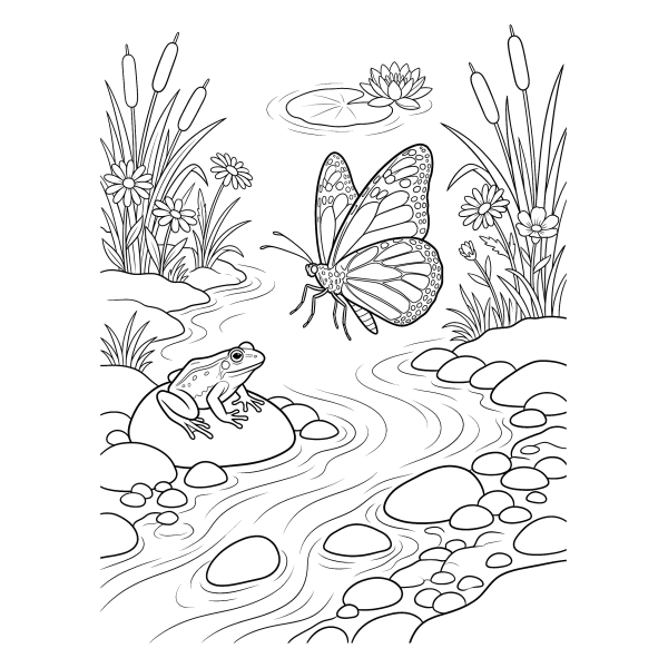 Coloriage Coloriage Papillon près d'un Ruisseau à imprimer