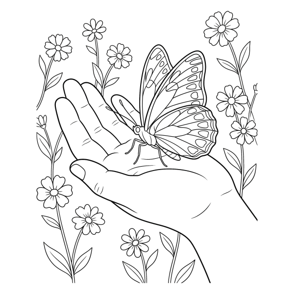 Coloriage Coloriage Papillon sur une Main à imprimer