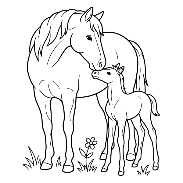 Coloriage Coloriage Poulain près de sa Mère à imprimer