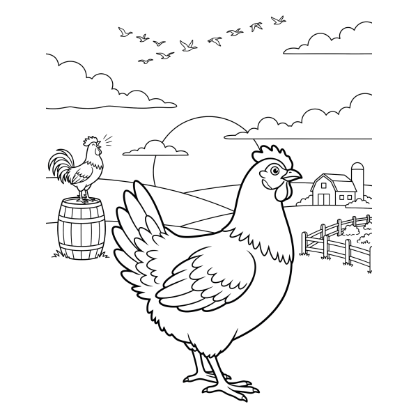 Coloriage Coloriage Poule au Lever du Soleil à imprimer