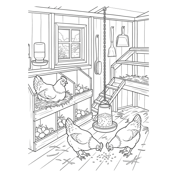 Coloriage Coloriage Poule dans le Poulailler à imprimer