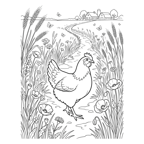 Coloriage Coloriage Poule dans un Champ à imprimer