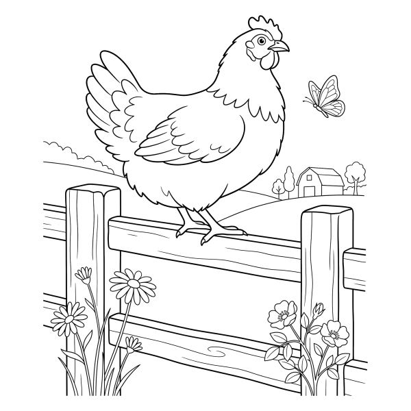 Coloriage Coloriage Poule Perchée sur une Barrière à imprimer
