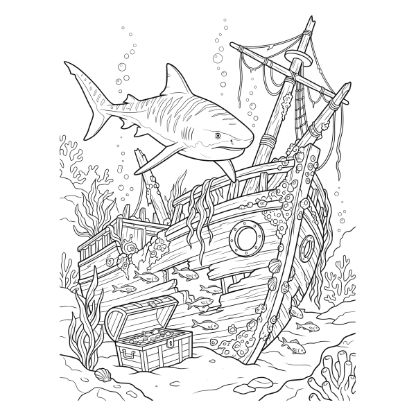 Coloriage Coloriage Requin et Épave à imprimer