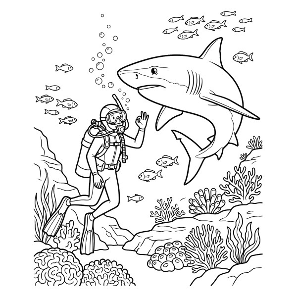 Coloriage Coloriage Requin et Plongeur à imprimer