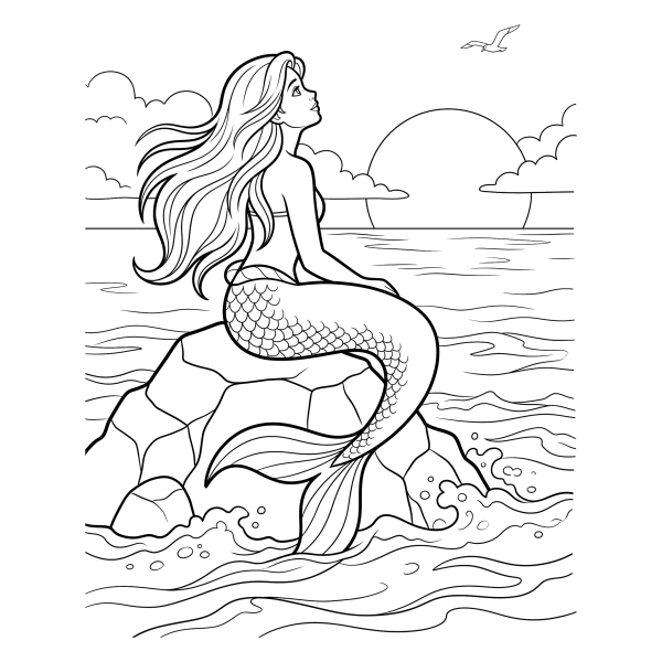 Coloriage Coloriage Sirène au Coucher de Soleil à imprimer