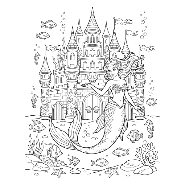 Coloriage Coloriage Sirène et Château Sous-marin à imprimer