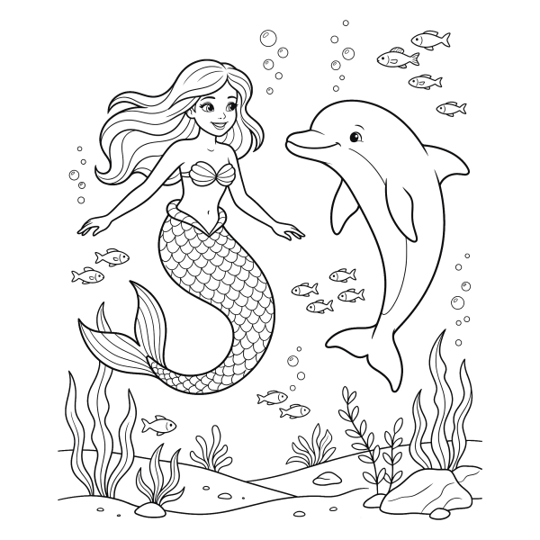Coloriage Coloriage Sirène et Dauphin à imprimer