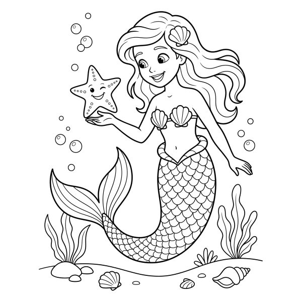 Coloriage Coloriage Sirène et Étoile de Mer à imprimer
