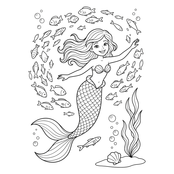 Coloriage Coloriage Sirène et Poissons à imprimer