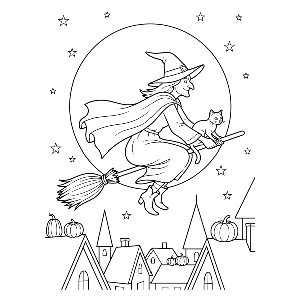 Coloriage Coloriage Sorcière Halloween sur Balai à imprimer