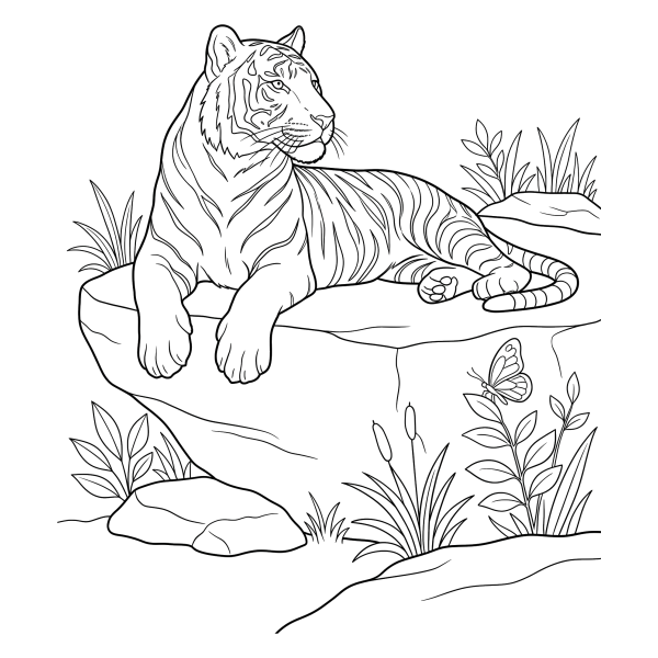 Coloriage Coloriage Tigre Allongé sur un Rocher à imprimer