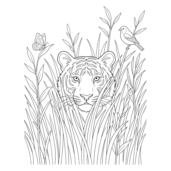 Coloriage Coloriage Tigre Caché dans les Hautes Herbes à imprimer
