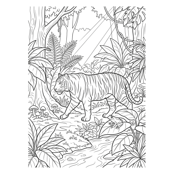 Coloriage Coloriage Tigre dans la Forêt Tropicale à imprimer