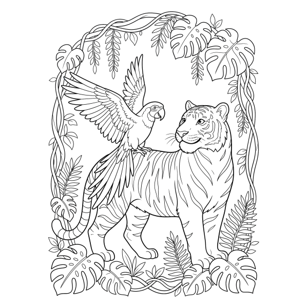 Coloriage Coloriage Tigre et Perroquet à imprimer