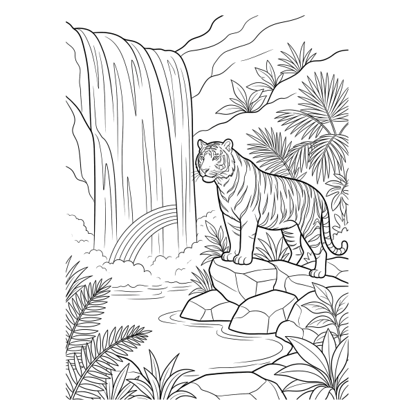 Coloriage Coloriage Tigre près d'une Cascade à imprimer