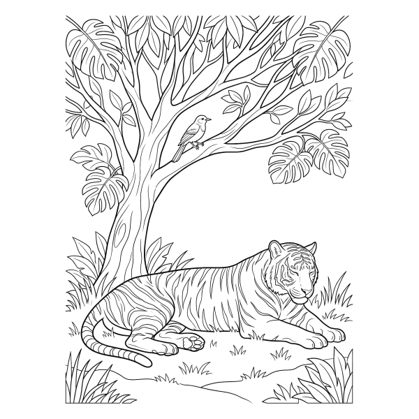 Coloriage Coloriage Tigre qui se Repose à l'Ombre à imprimer