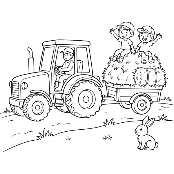 Coloriage Coloriage Tracteur et Petite Remorque de Foin à imprimer