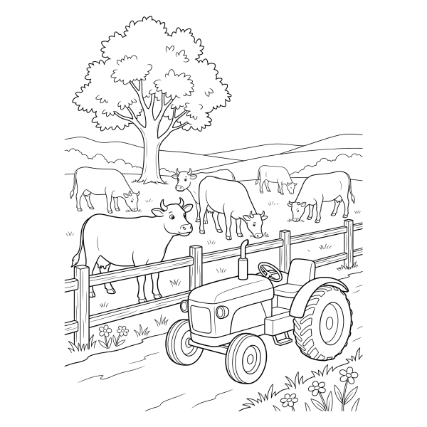 Coloriage Coloriage Tracteur et Vaches au Pré à imprimer