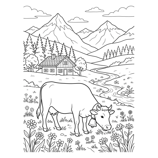 Coloriage Coloriage Vache à la Montagne à imprimer