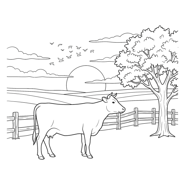 Coloriage Coloriage Vache au Coucher de Soleil à imprimer