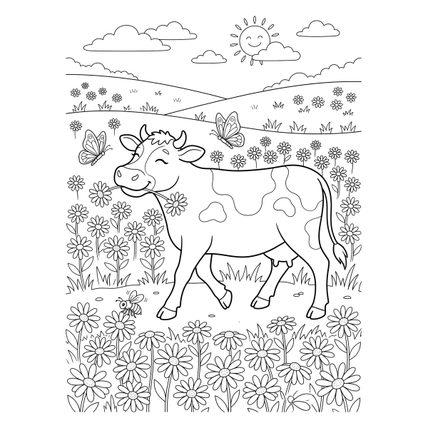 Coloriage Coloriage Vache dans un Champ de Pâquerettes à imprimer