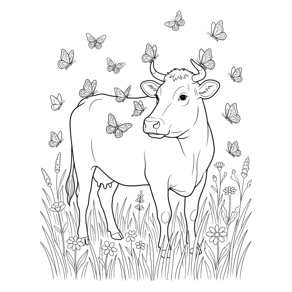 Coloriage Coloriage Vache et Papillons dans l'Herbe à imprimer