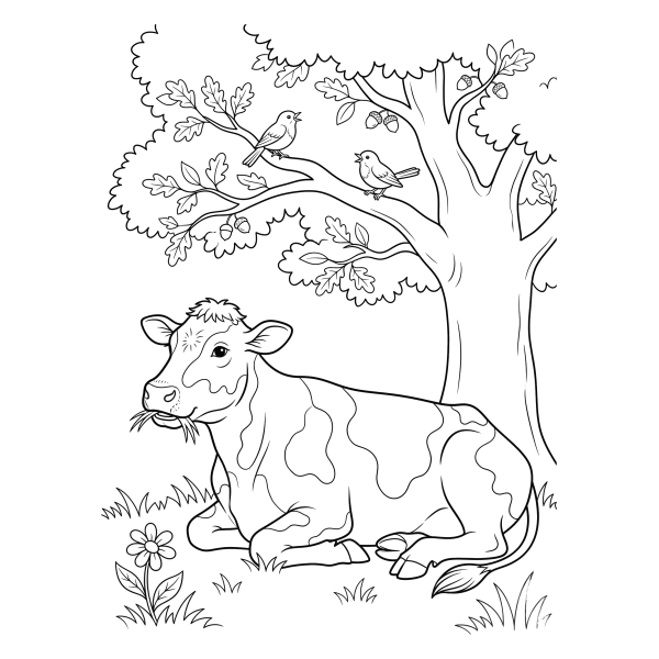 Coloriage Coloriage Vache qui Rumine sous un Arbre à imprimer