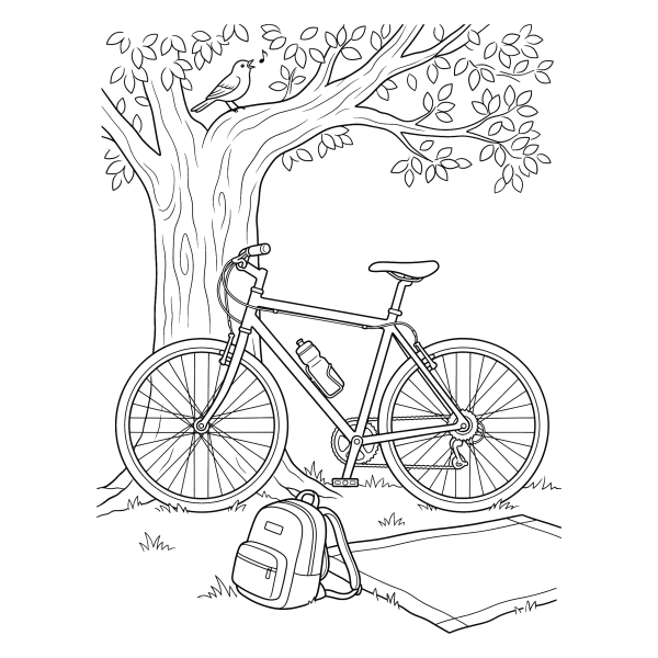 Coloriage Coloriage Vélo Appuyé contre un Arbre à imprimer
