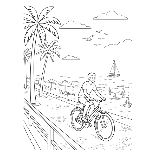 Coloriage Coloriage Vélo au Bord de la Mer à imprimer