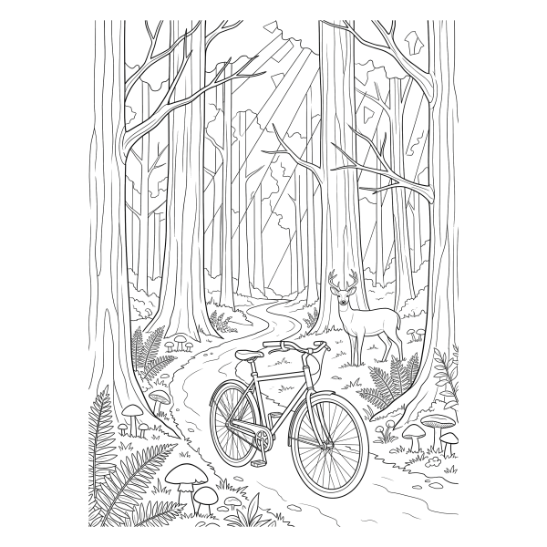 Coloriage Coloriage Vélo dans un Chemin de Forêt à imprimer