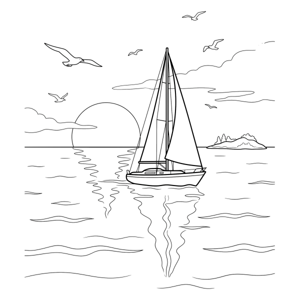 Coloriage Coloriage Voilier au Coucher de Soleil à imprimer