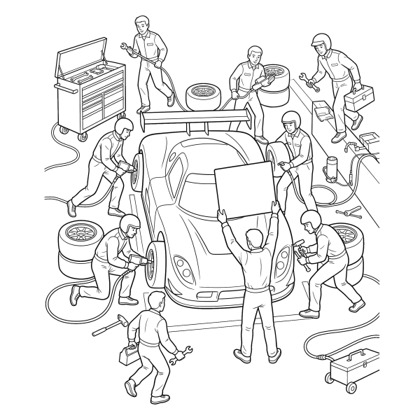 Coloriage Coloriage Voiture de Course au Stand à imprimer