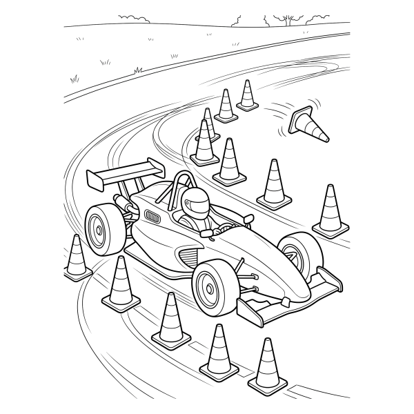 Coloriage Coloriage Voiture de Course et Cônes de Circuit à imprimer