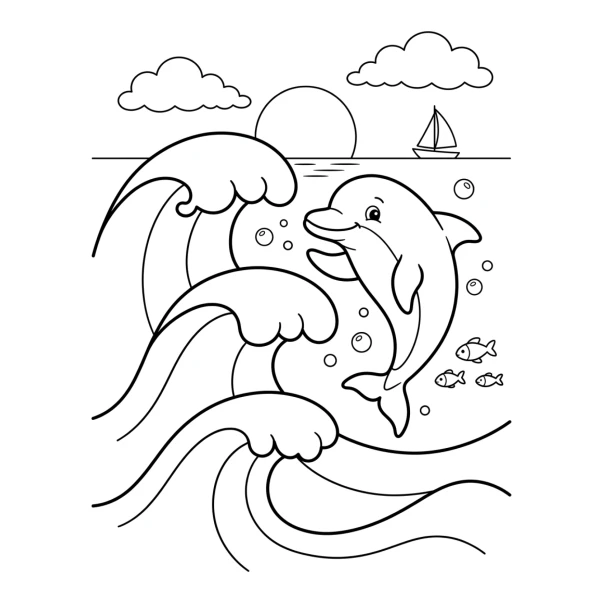 Coloriage Coloriage Dauphin et Vagues à imprimer