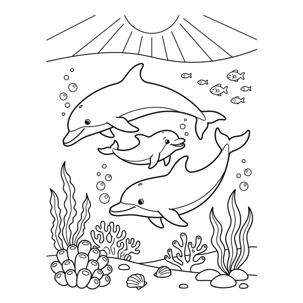Coloriage Coloriage Famille de Dauphins à imprimer