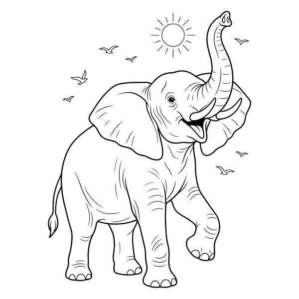 Coloriage Dessin Éléphant Trompe en l'Air à imprimer