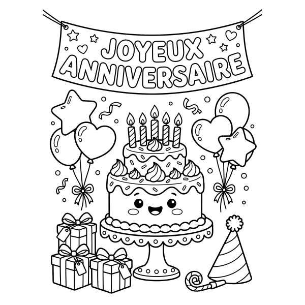 Coloriage Dessin Kawaii Joyeux Anniversaire à imprimer