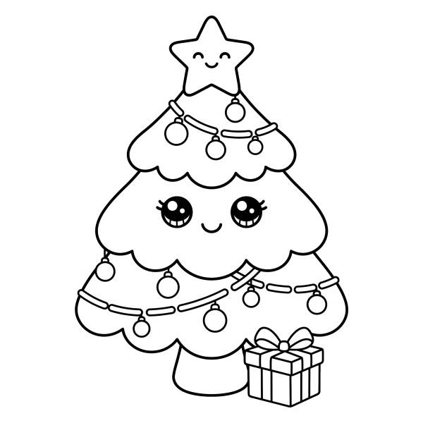 Coloriage Dessin Noël Kawaii Sapin à imprimer