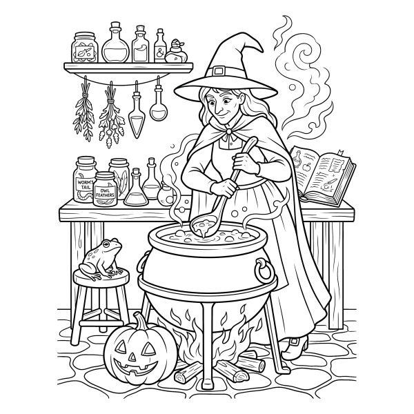 Coloriage Dessin Sorcière Halloween Chaudron à imprimer