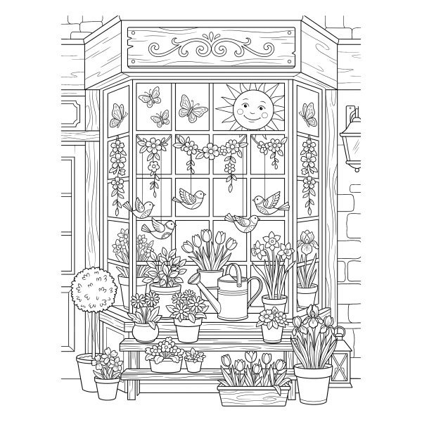 Coloriage Dessin Vitrine Printemps à imprimer