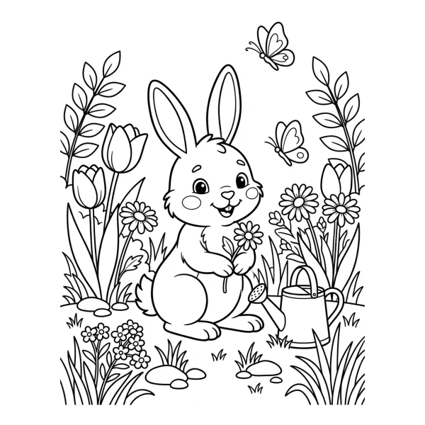 Coloriage Coloriage Lapin et Fleurs à imprimer