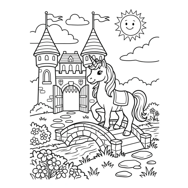 Coloriage Coloriage Licorne et Château à imprimer