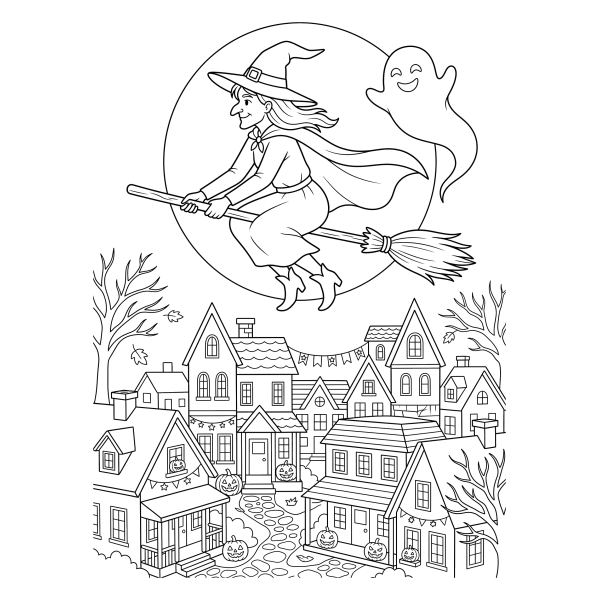 Coloriage Dessin Sorcière Halloween et Fantôme à imprimer