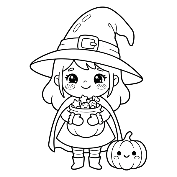 Coloriage Dessin Sorcière Kawaii Halloween à imprimer