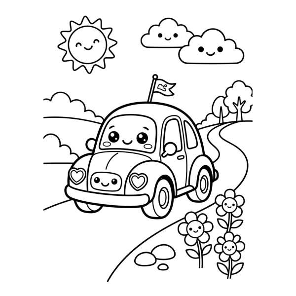 Coloriage Coloriage Petite Voiture Kawaii à imprimer