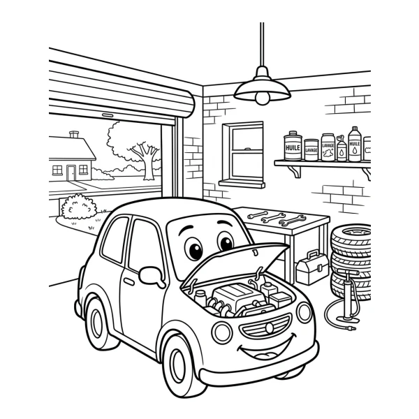 Coloriage Coloriage Voiture au Garage à imprimer